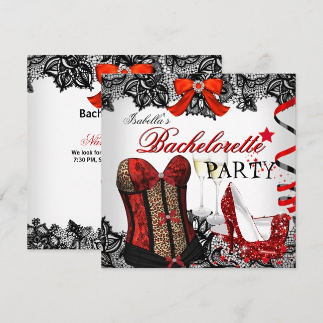 Invitación Fiesta de Soltera Encaje Corsé Rojo Champagne (Anverso / Reverso)