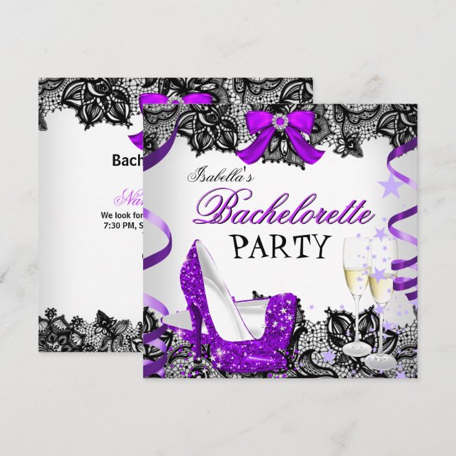 Invitación Fiesta de Soltera Encaje Morado Tacón Alto Champán (Anverso / Reverso)