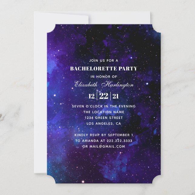 Invitación Fiesta de soltera espacial. Boda de estrellas noct (Anverso)