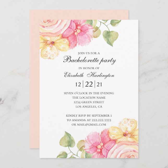 Invitación Fiesta de soltera floral acuática. Flores rosas (Anverso / Reverso)