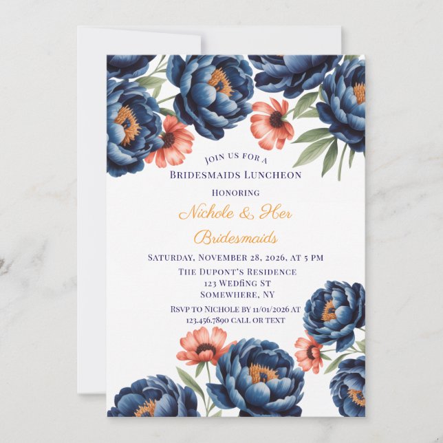 Invitación Fiesta de Soltera Floral Azul Marino y Naranja Que (Anverso)