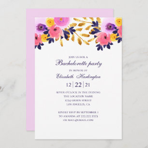 Invitación Fiesta de soltera floral. Flores rosadas y violeta