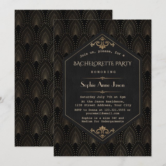 Invitación Fiesta de soltera Glam Gold Black Gran Gatsby (Anverso / Reverso)