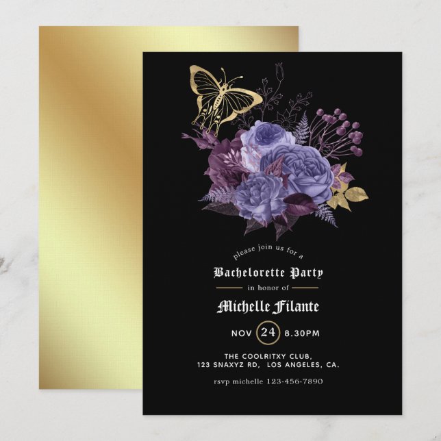 Invitación Fiesta de soltera gótica de Halloween floral (Anverso / Reverso)