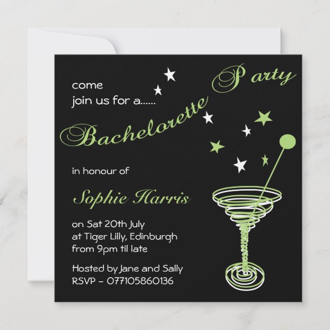 Invitación Fiesta de soltera martinita verde simple (Anverso)