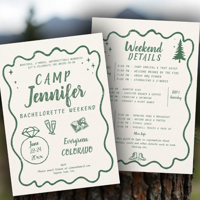 Invitación Fiesta de soltera verde con marco dibujado a mano  (camp bachelorette invitation handwriting hand written camping glamping hiking itinerary bach)