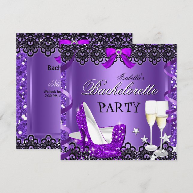 Invitación Fiesta de Soltera Zapato de Tacón Alto Morado Cham (Anverso / Reverso)