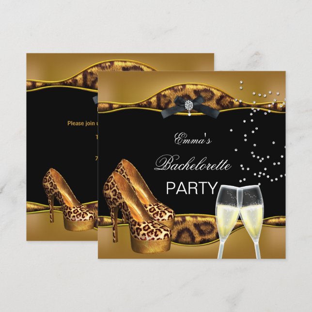 Invitación Fiesta de Soltera Zapatos Leopardo Dorado Negro (Anverso / Reverso)