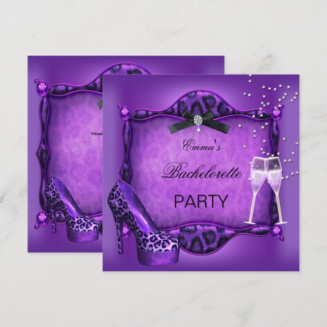 Invitación Fiesta de Soltera Zapatos Morado Leopardo Negro 2 (Anverso / Reverso)