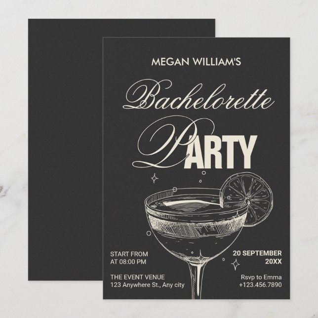 Invitación Fiesta de soltería de cócteles retro negro (Anverso / Reverso)