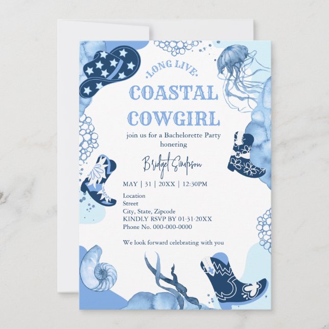 Invitación fiesta de soltería de cowgirl de la costa azul (Anverso)