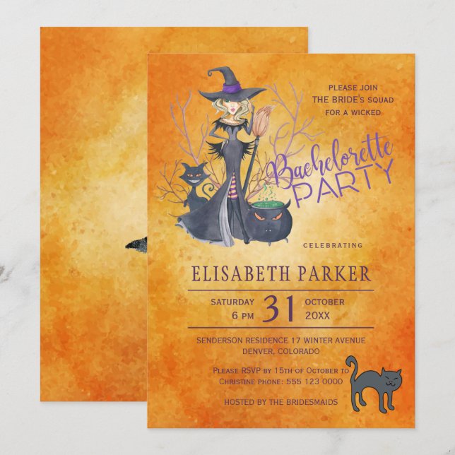 Invitación Fiesta de soltería de Halloween de color bruja (Anverso / Reverso)