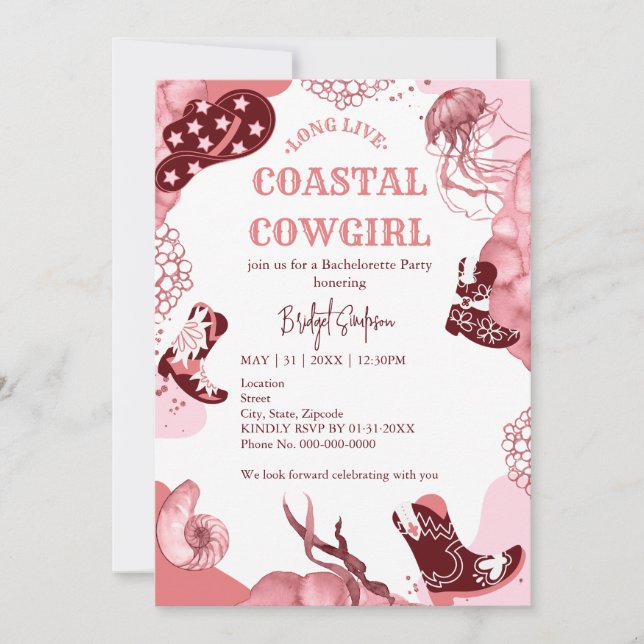 Invitación fiesta de soltería de vaquero rosado (Anverso)