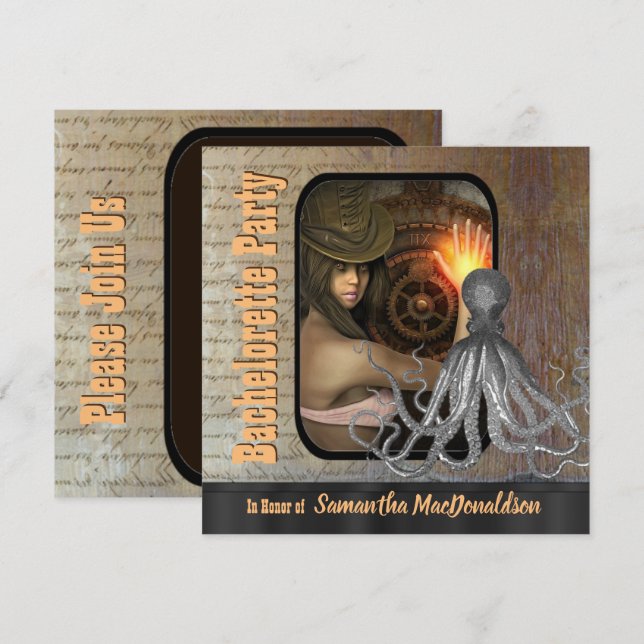 Invitación Fiesta de soltería Steampunk kraken (Anverso / Reverso)