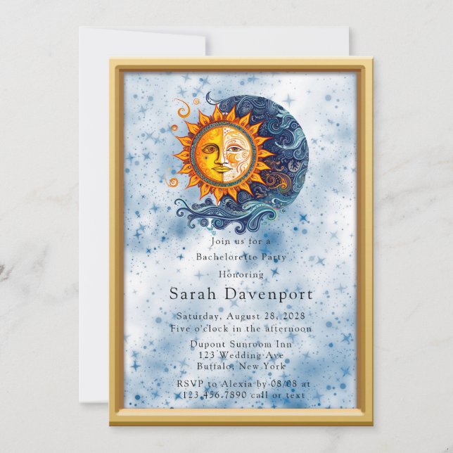 Invitación Fiesta de soltero amarillo azul celeste de la luna (Anverso)