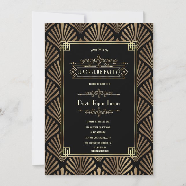Invitación Fiesta de soltero Art Deco Negro Gatsby años 20 (Anverso)