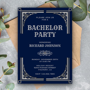 Invitación Fiesta de Soltero Art Déco Plata Azul