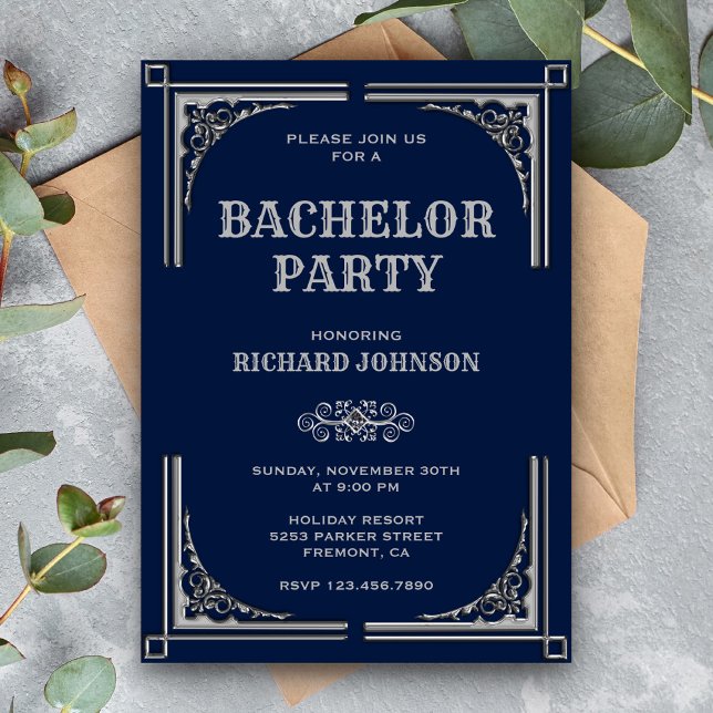 Invitación Fiesta de Soltero Art Déco Plata Azul (Subido por el creador)