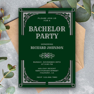 Invitación Fiesta de Soltero Art Déco Plata Verde