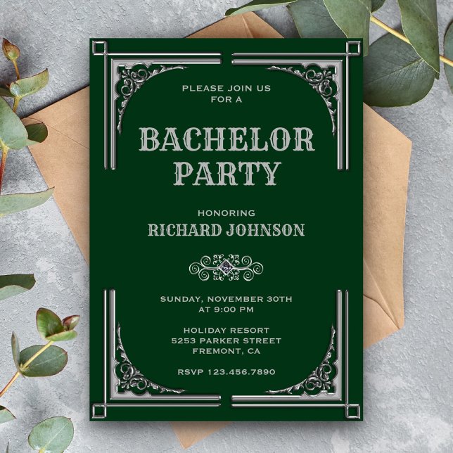 Invitación Fiesta de Soltero Art Déco Plata Verde (Subido por el creador)