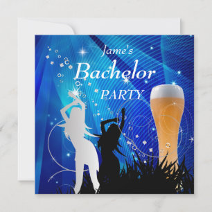 Invitación Fiesta de Soltero Azul Oro Blanco Vaso de Cerveza