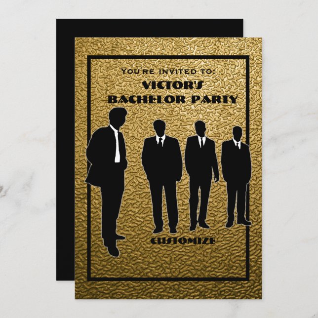 Invitación Fiesta de Soltero Chic Negro y Dorado (Anverso / Reverso)