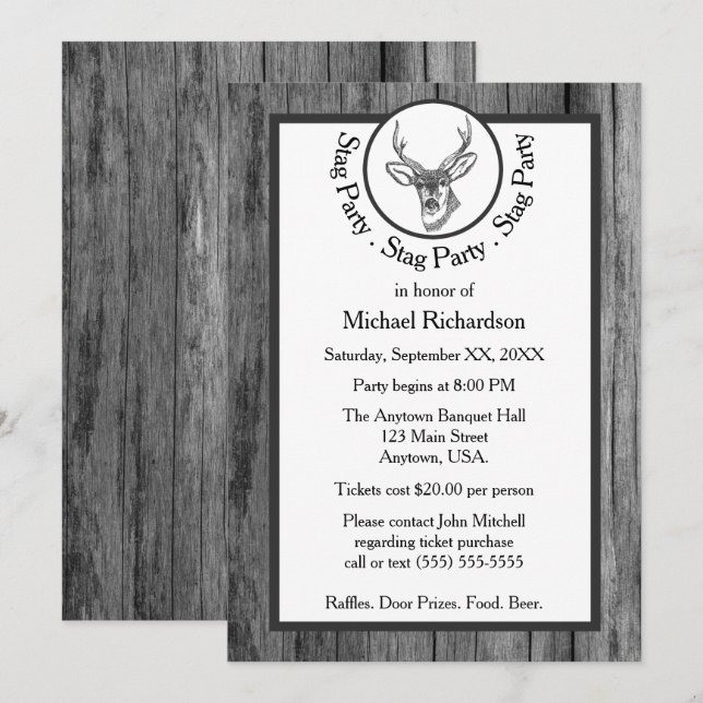 Invitación Fiesta de Soltero Ciervo Negro y Blanco (Anverso / Reverso)