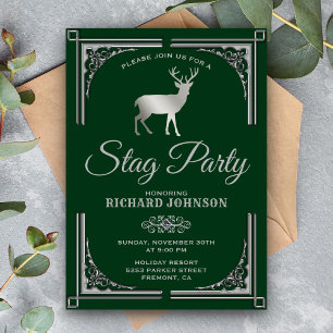 Invitación Fiesta de Soltero Ciervo Verde Vintage Plata