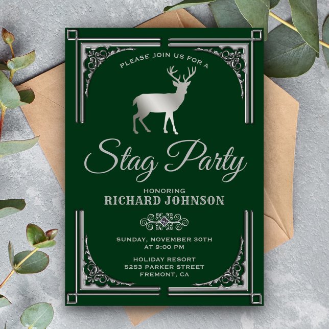 Invitación Fiesta de Soltero Ciervo Verde Vintage Plata (Subido por el creador)