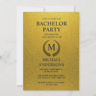 Invitación Fiesta de Soltero con Brillo Dorado y Negro