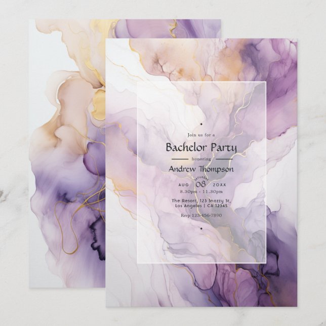 Invitación Fiesta de soltero con tinta malva y dorada (Anverso / Reverso)