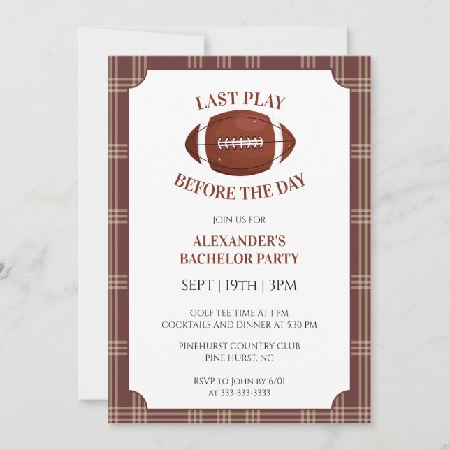 Invitación Fiesta de Soltero de Fútbol de Cuadros Marrones (Anverso)