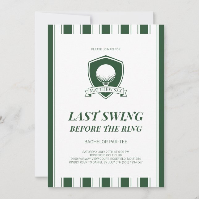 Invitación Fiesta de Soltero de Golf Elegante Verde Último Sw (Anverso)