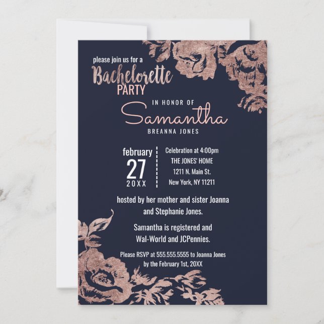 Invitación Fiesta de soltero floral azul marino y Rosa dorado (Anverso)
