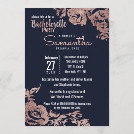 Invitación Fiesta de soltero floral azul marino y Rosa dorado