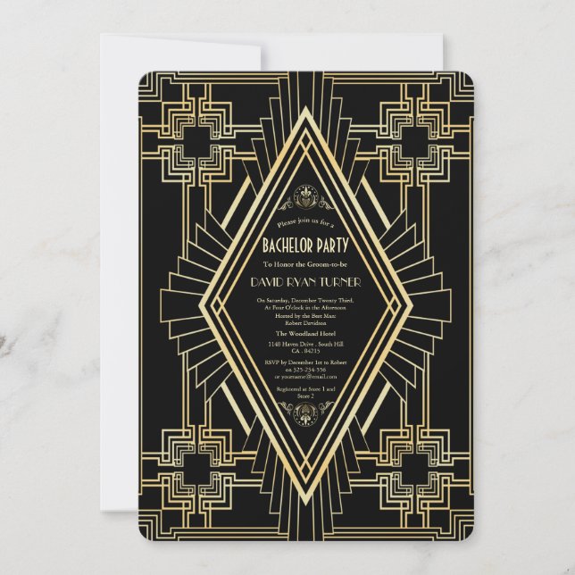 Invitación Fiesta de Soltero Glam Gold Black Gran Gatsby (Anverso)