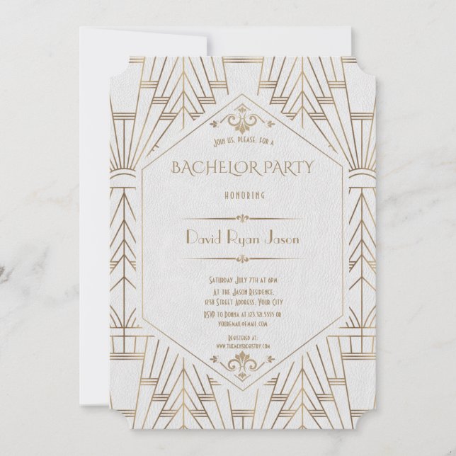 Invitación Fiesta de Soltero Gran Gatsby Oro Blanco Real (Anverso)