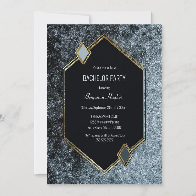 Invitación Fiesta de Soltero Moderna Negra y Dorada (Anverso)