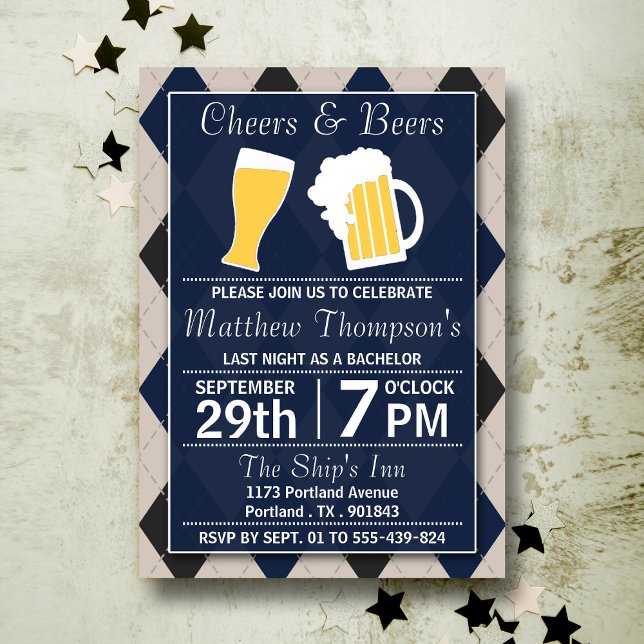 Invitación Fiesta de Soltero Navy de Cheers & Beers Trendy (Subido por el creador)