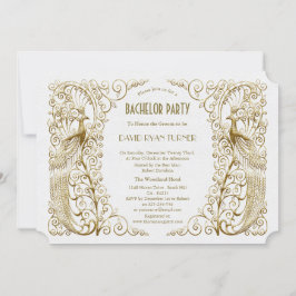 Invitación Fiesta de Soltero Pavos Reales Art Déco Blanco Gla