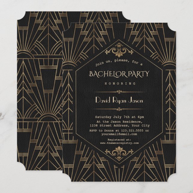 Invitación Fiesta de soltero Royal Gold Black Gran Gatsby año (Anverso / Reverso)
