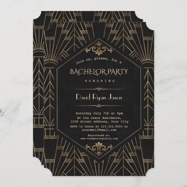Invitación Fiesta de Soltero Royal Gold Black Great Gatsby añ (Anverso / Reverso)