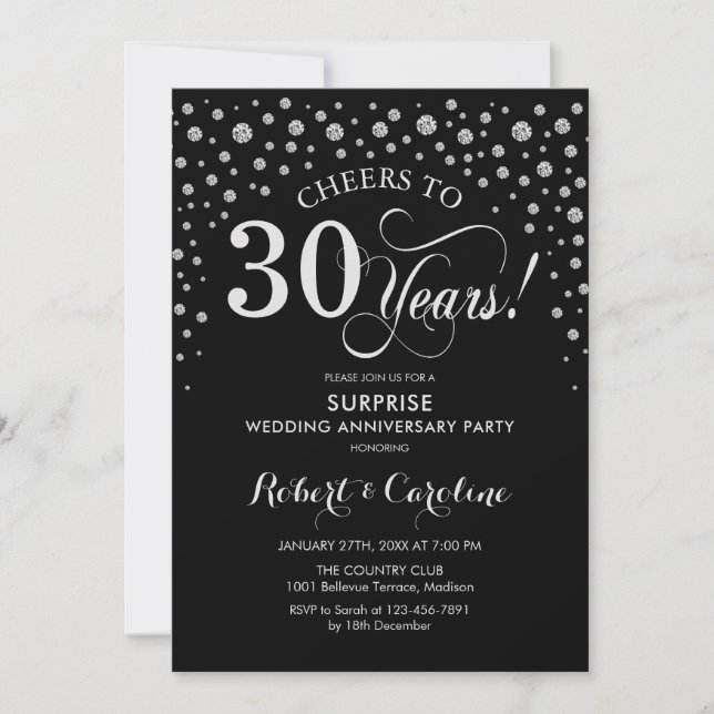 Invitación Fiesta de Sorpresa 30 Aniversario Negro Plateado (Anverso)