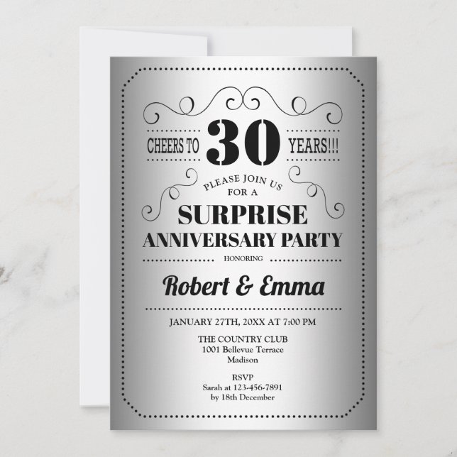 Invitación Fiesta de Sorpresa 30 Aniversario - Plata Negro (Anverso)