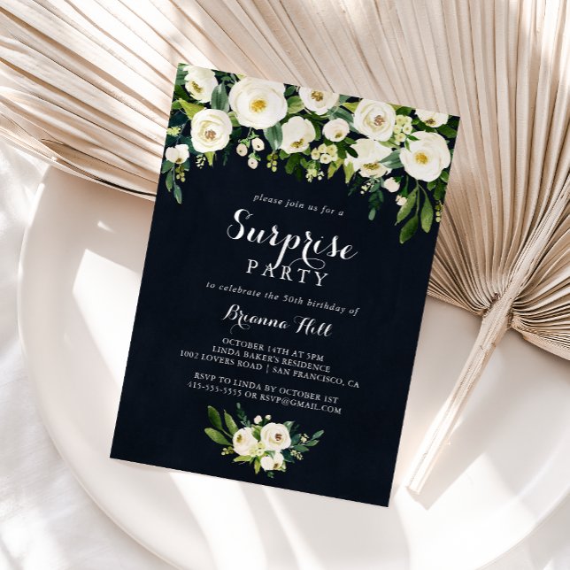 Invitación Fiesta de sorpresa azul real floral blanca verde (Subido por el creador)