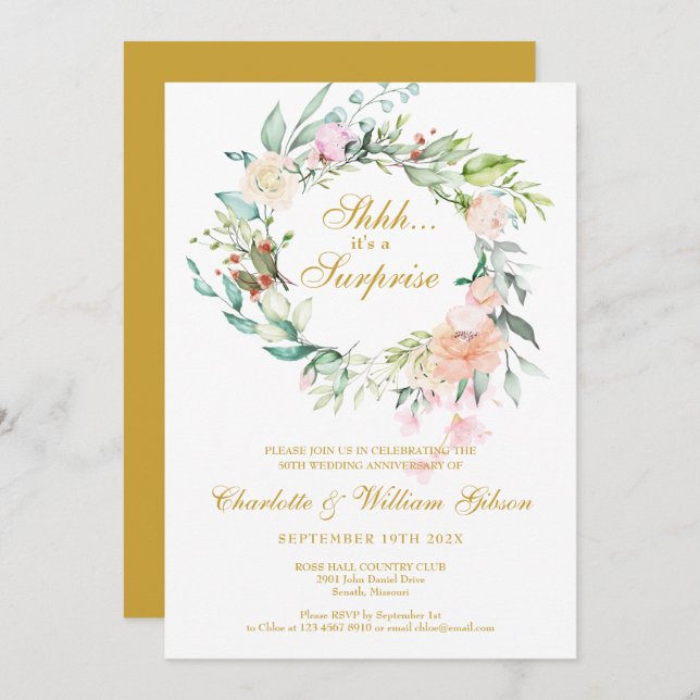 Invitación Fiesta de Sorpresa Bodas de Oro Floral (Anverso / Reverso)