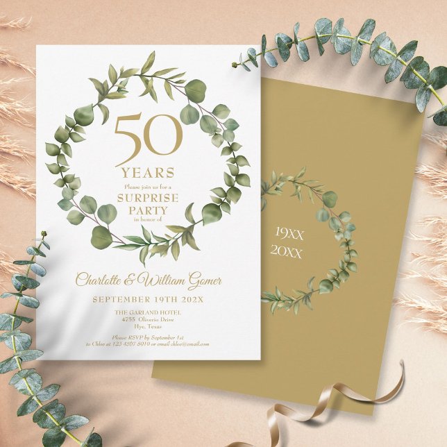 Invitación Fiesta de Sorpresa Bodas de Oro Vegetación  (Surprise Party 50th Wedding Anniversary Greenery Invitation)