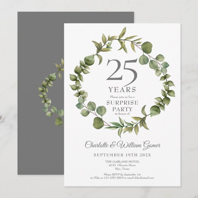 Invitación Fiesta de Sorpresa Bodas de Plata Greenery Bosque (Anverso / Reverso)