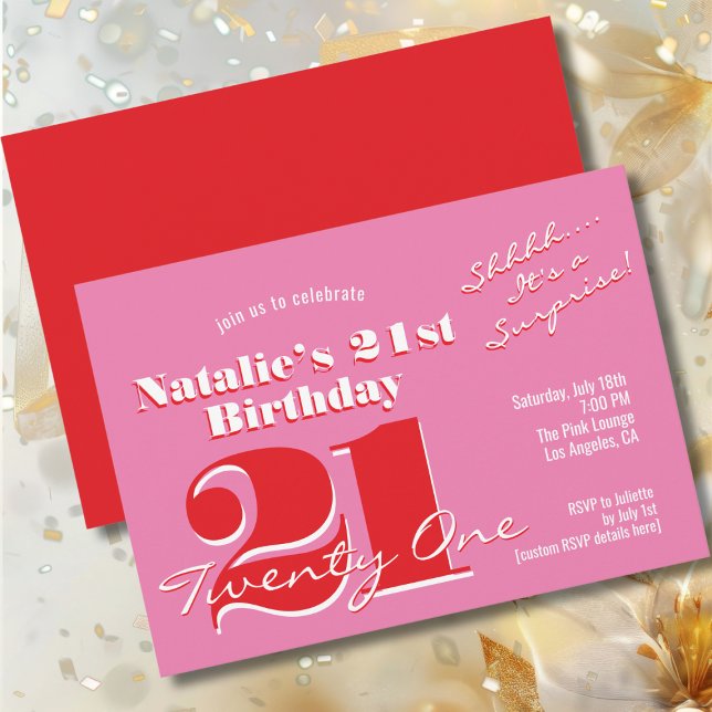 Invitación FIESTA DE SORPRESA Cumpleaños 21 Pink Red Minimali (Subido por el creador)