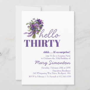 Invitación FIESTA DE SORPRESA Cumpleaños 30 Ramo Floral Púrpu